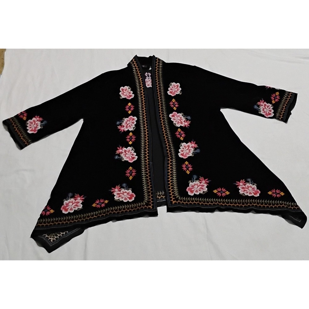 Paparazzi by Biz Women's Kimono Cardigan Jacket Black Floral Embroidered Boho XL